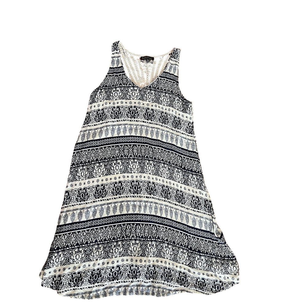 Luxology Women Blue White Patterned Crochet Back Sleeveless Dress Size 8